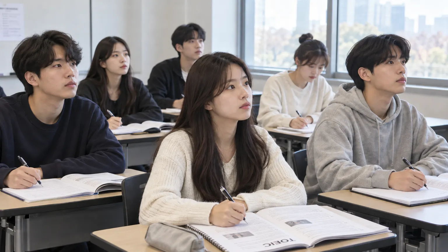 토익 교재를 펴고 강의를 듣는 학생들